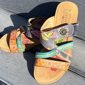 Spring Step Multicolor Floral Embellished Wedge Slides